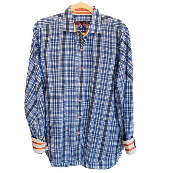 Robert Graham X Collection Plaid Check Button Front Shirt Blue Large Flip Cuff - Picture 1 of 6